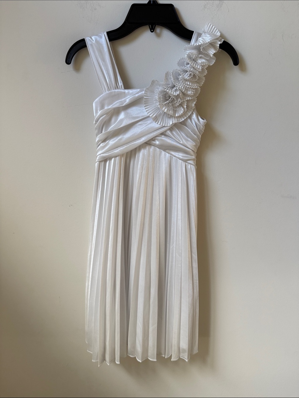 White One-Shoulder Pleated Dress with Floral Trim, Girls Size 8
